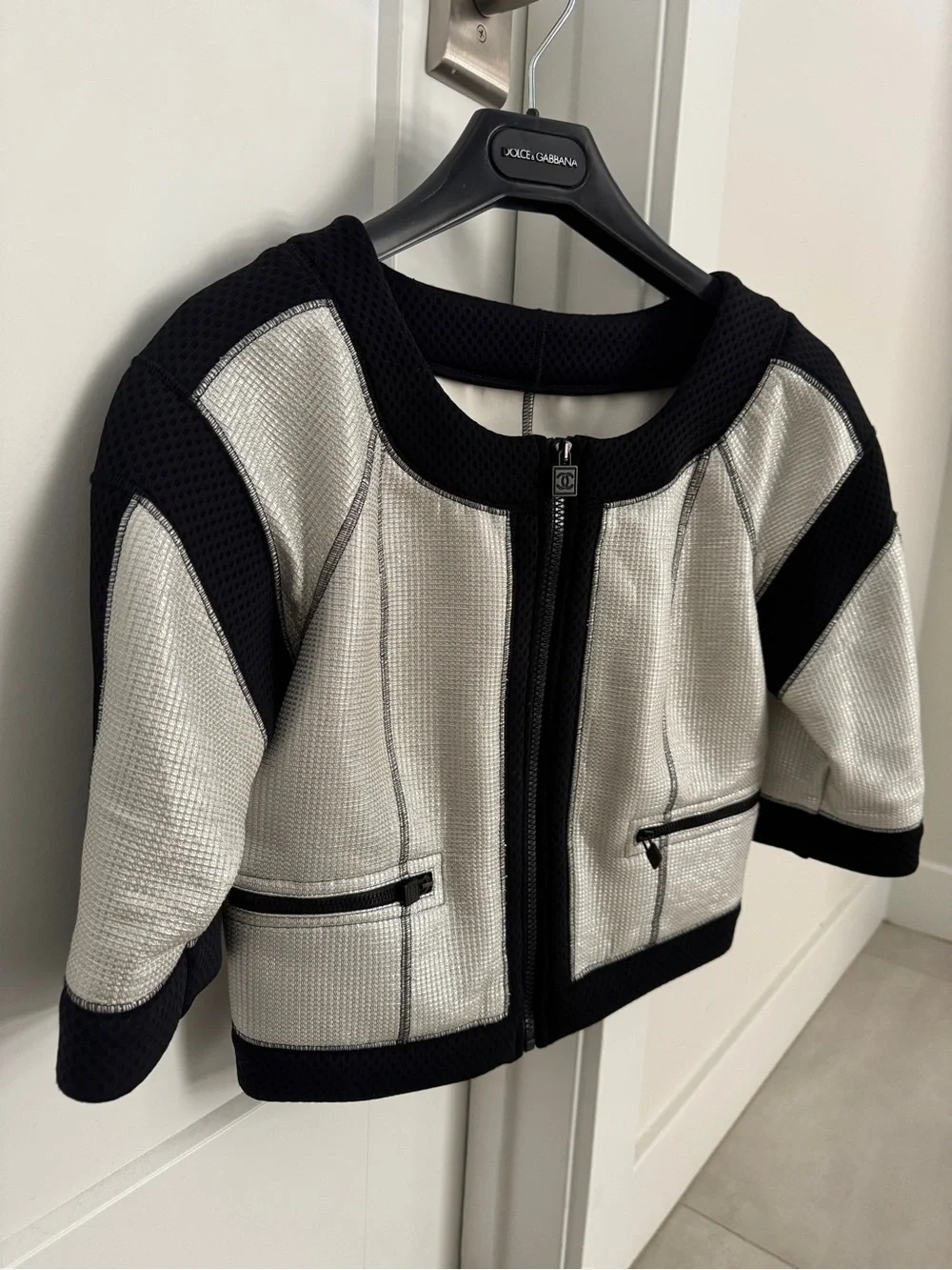 Chanel 07P Silver Metallic Black Cropped Zip Jacket - Mesh Trim Jacket